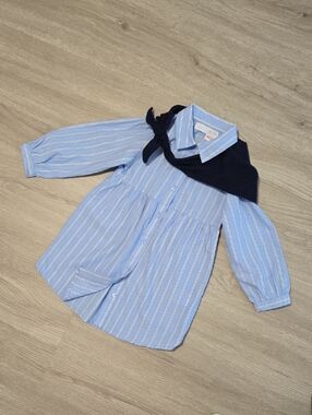 Zara Light Blue White Striped Shirt Dress with Navy Knit Accent, Size 3y, NWOT